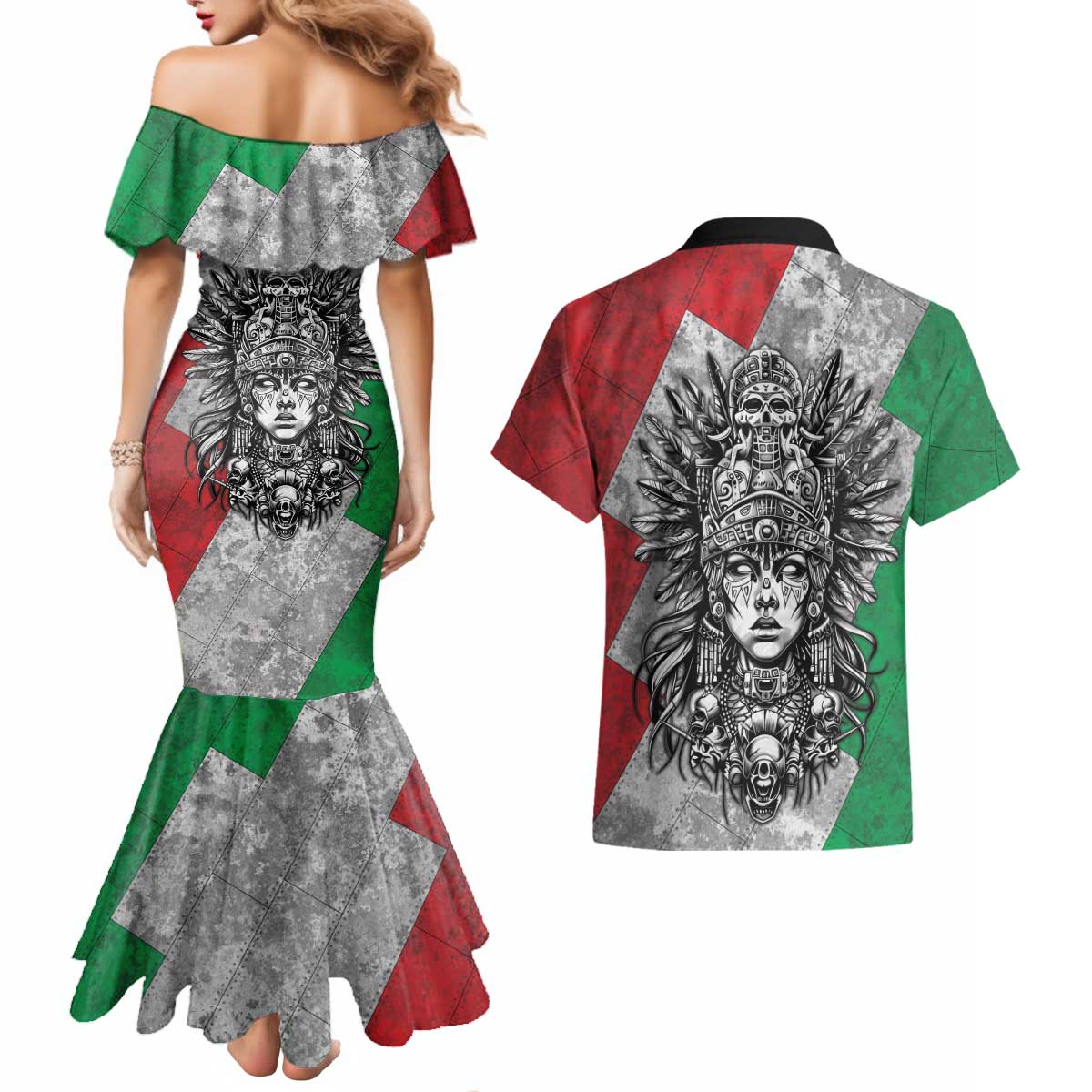 Mexico Aztec Warrior Goddess Couples Matching Mermaid Dress and Hawaiian Shirt Aztec Tribal Skull Tricolor Armor