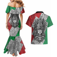 Mexico Aztec Warrior Goddess Couples Matching Mermaid Dress and Hawaiian Shirt Aztec Tribal Skull Tricolor Armor