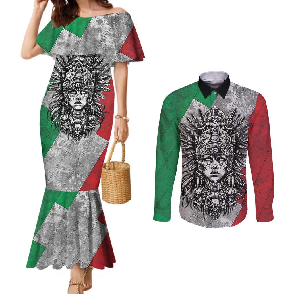 Mexico Aztec Warrior Goddess Couples Matching Mermaid Dress and Long Sleeve Button Shirt Aztec Tribal Skull Tricolor Armor