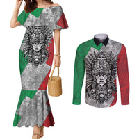 Mexico Aztec Warrior Goddess Couples Matching Mermaid Dress and Long Sleeve Button Shirt Aztec Tribal Skull Tricolor Armor