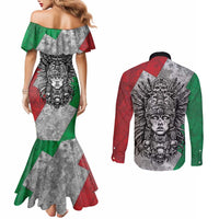 Mexico Aztec Warrior Goddess Couples Matching Mermaid Dress and Long Sleeve Button Shirt Aztec Tribal Skull Tricolor Armor