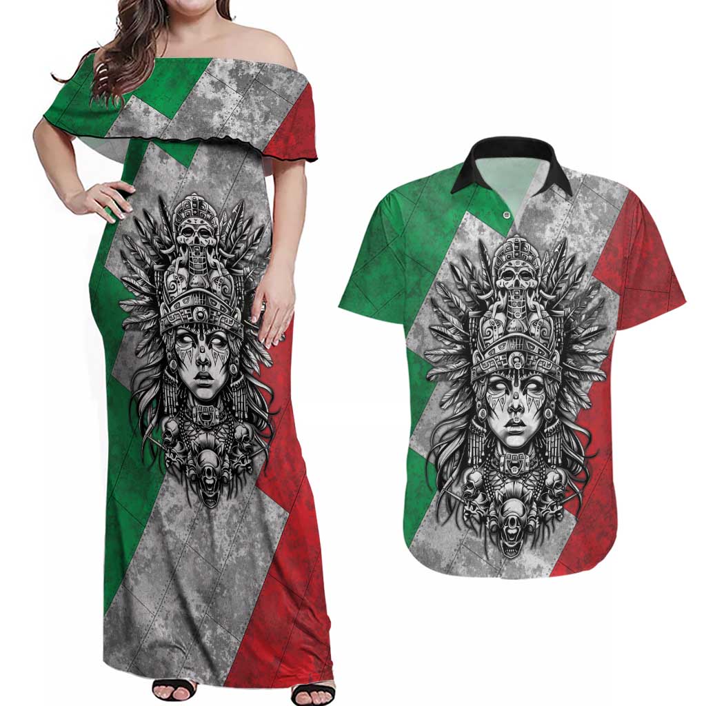 Mexico Aztec Warrior Goddess Couples Matching Off Shoulder Maxi Dress and Hawaiian Shirt Aztec Tribal Skull Tricolor Armor