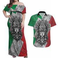 Mexico Aztec Warrior Goddess Couples Matching Off Shoulder Maxi Dress and Hawaiian Shirt Aztec Tribal Skull Tricolor Armor