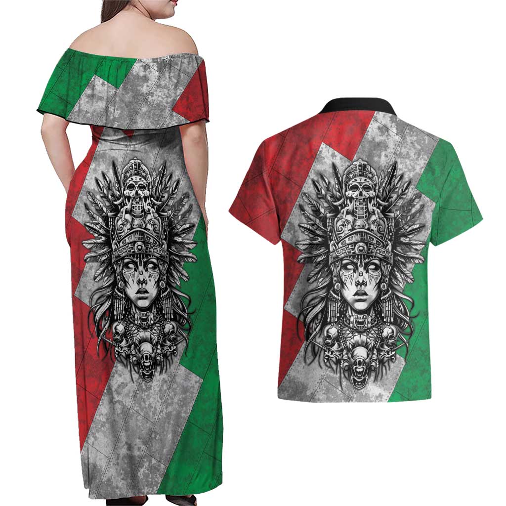 Mexico Aztec Warrior Goddess Couples Matching Off Shoulder Maxi Dress and Hawaiian Shirt Aztec Tribal Skull Tricolor Armor