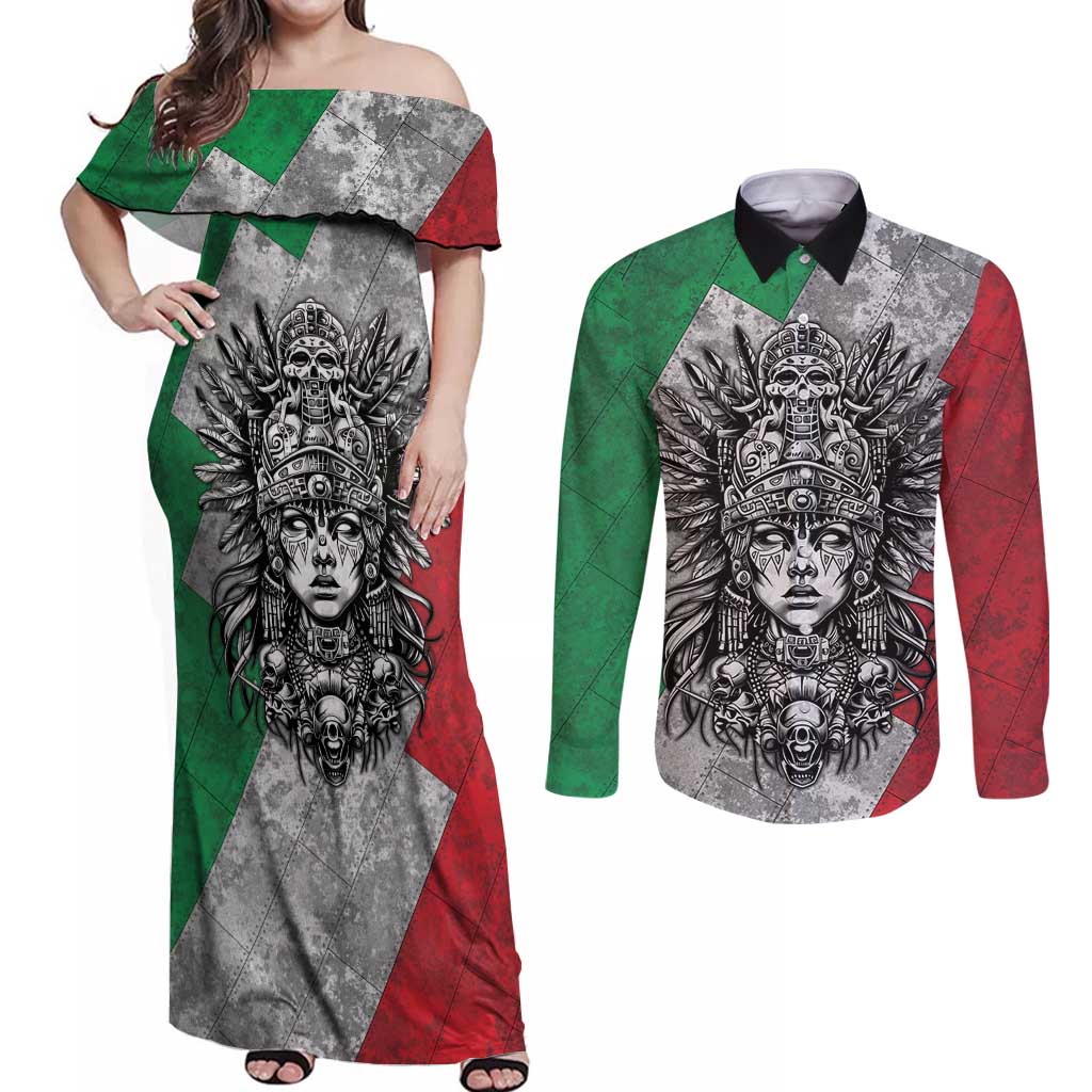Mexico Aztec Warrior Goddess Couples Matching Off Shoulder Maxi Dress and Long Sleeve Button Shirt Aztec Tribal Skull Tricolor Armor