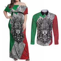 Mexico Aztec Warrior Goddess Couples Matching Off Shoulder Maxi Dress and Long Sleeve Button Shirt Aztec Tribal Skull Tricolor Armor