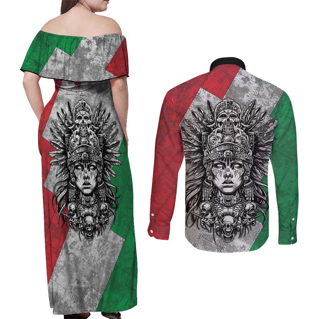Mexico Aztec Warrior Goddess Couples Matching Off Shoulder Maxi Dress and Long Sleeve Button Shirt Aztec Tribal Skull Tricolor Armor
