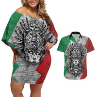 Mexico Aztec Warrior Goddess Couples Matching Off Shoulder Short Dress and Hawaiian Shirt Aztec Tribal Skull Tricolor Armor