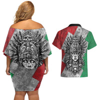 Mexico Aztec Warrior Goddess Couples Matching Off Shoulder Short Dress and Hawaiian Shirt Aztec Tribal Skull Tricolor Armor