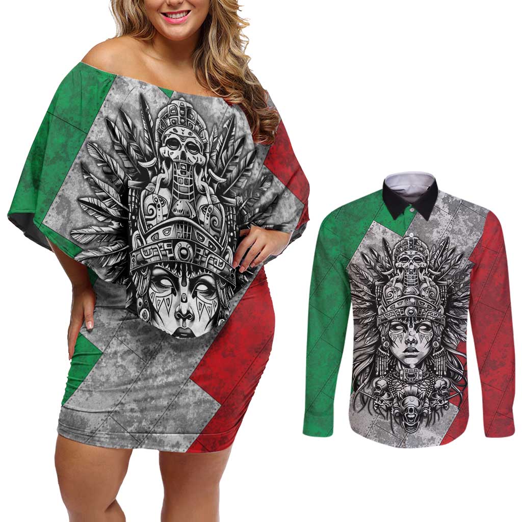 Mexico Aztec Warrior Goddess Couples Matching Off Shoulder Short Dress and Long Sleeve Button Shirt Aztec Tribal Skull Tricolor Armor