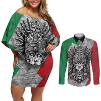 Mexico Aztec Warrior Goddess Couples Matching Off Shoulder Short Dress and Long Sleeve Button Shirt Aztec Tribal Skull Tricolor Armor