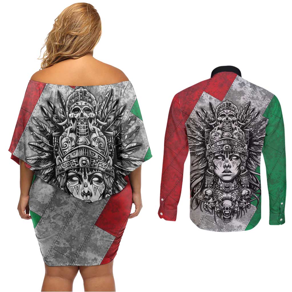 Mexico Aztec Warrior Goddess Couples Matching Off Shoulder Short Dress and Long Sleeve Button Shirt Aztec Tribal Skull Tricolor Armor