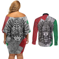 Mexico Aztec Warrior Goddess Couples Matching Off Shoulder Short Dress and Long Sleeve Button Shirt Aztec Tribal Skull Tricolor Armor