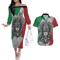 Mexico Aztec Warrior Goddess Couples Matching Off The Shoulder Long Sleeve Dress and Hawaiian Shirt Aztec Tribal Skull Tricolor Armor