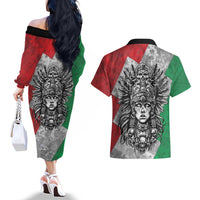 Mexico Aztec Warrior Goddess Couples Matching Off The Shoulder Long Sleeve Dress and Hawaiian Shirt Aztec Tribal Skull Tricolor Armor