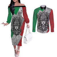 Mexico Aztec Warrior Goddess Couples Matching Off The Shoulder Long Sleeve Dress and Long Sleeve Button Shirt Aztec Tribal Skull Tricolor Armor