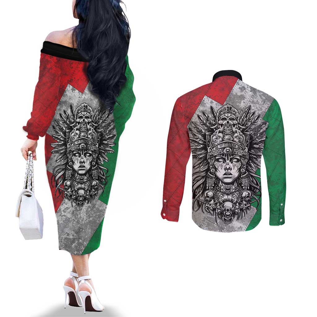 Mexico Aztec Warrior Goddess Couples Matching Off The Shoulder Long Sleeve Dress and Long Sleeve Button Shirt Aztec Tribal Skull Tricolor Armor