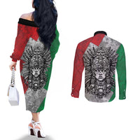Mexico Aztec Warrior Goddess Couples Matching Off The Shoulder Long Sleeve Dress and Long Sleeve Button Shirt Aztec Tribal Skull Tricolor Armor