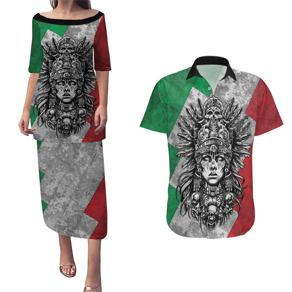 Mexico Aztec Warrior Goddess Couples Matching Puletasi and Hawaiian Shirt Aztec Tribal Skull Tricolor Armor