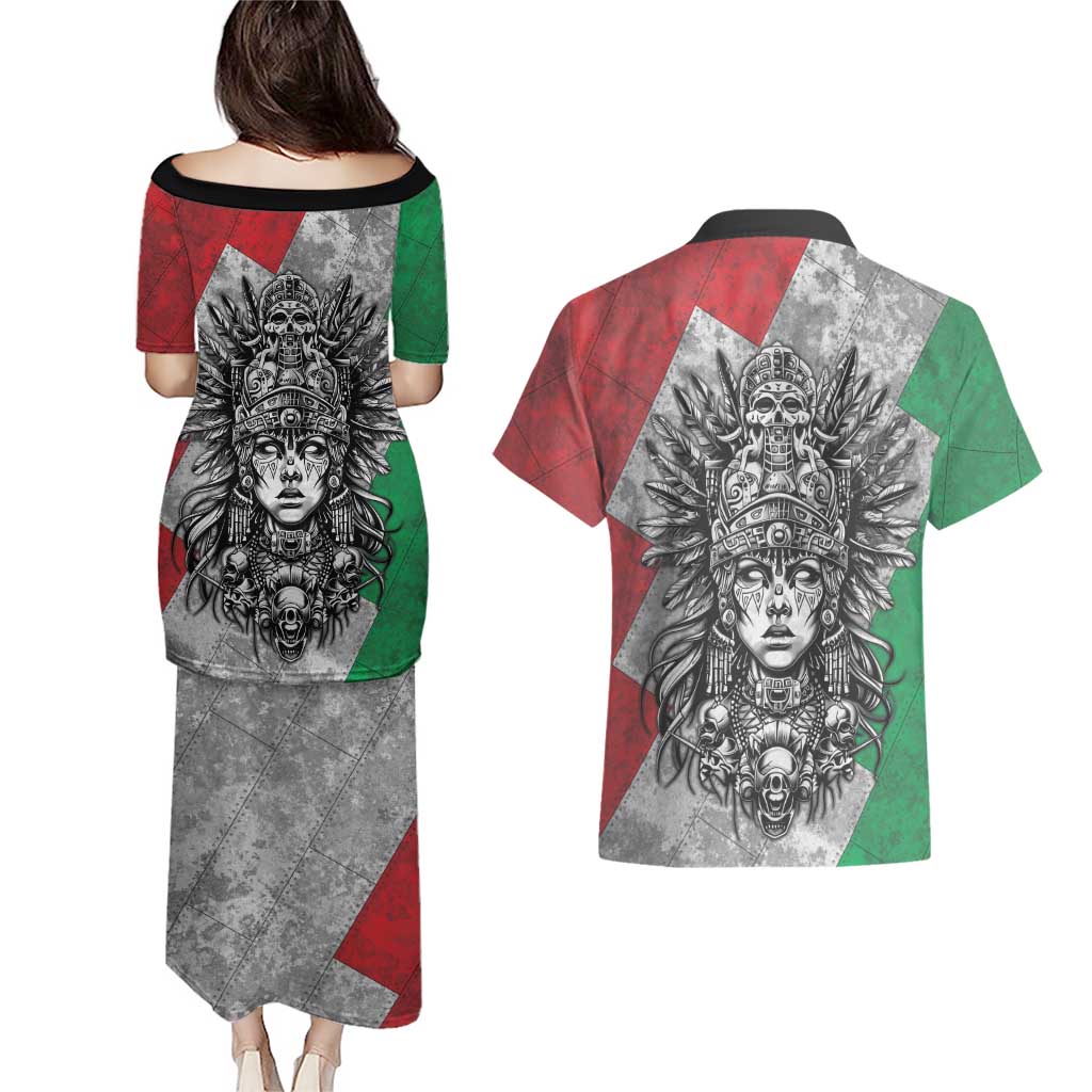 Mexico Aztec Warrior Goddess Couples Matching Puletasi and Hawaiian Shirt Aztec Tribal Skull Tricolor Armor
