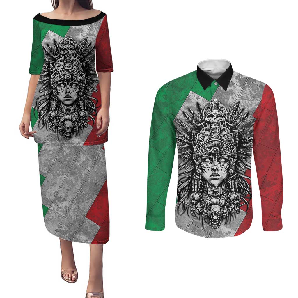Mexico Aztec Warrior Goddess Couples Matching Puletasi and Long Sleeve Button Shirt Aztec Tribal Skull Tricolor Armor