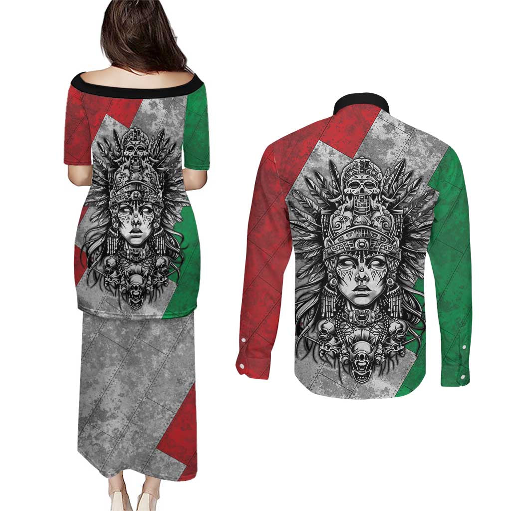Mexico Aztec Warrior Goddess Couples Matching Puletasi and Long Sleeve Button Shirt Aztec Tribal Skull Tricolor Armor
