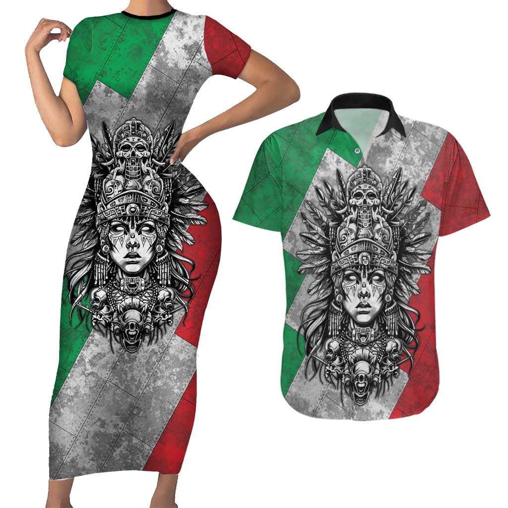 Mexico Aztec Warrior Goddess Couples Matching Short Sleeve Bodycon Dress and Hawaiian Shirt Aztec Tribal Skull Tricolor Armor