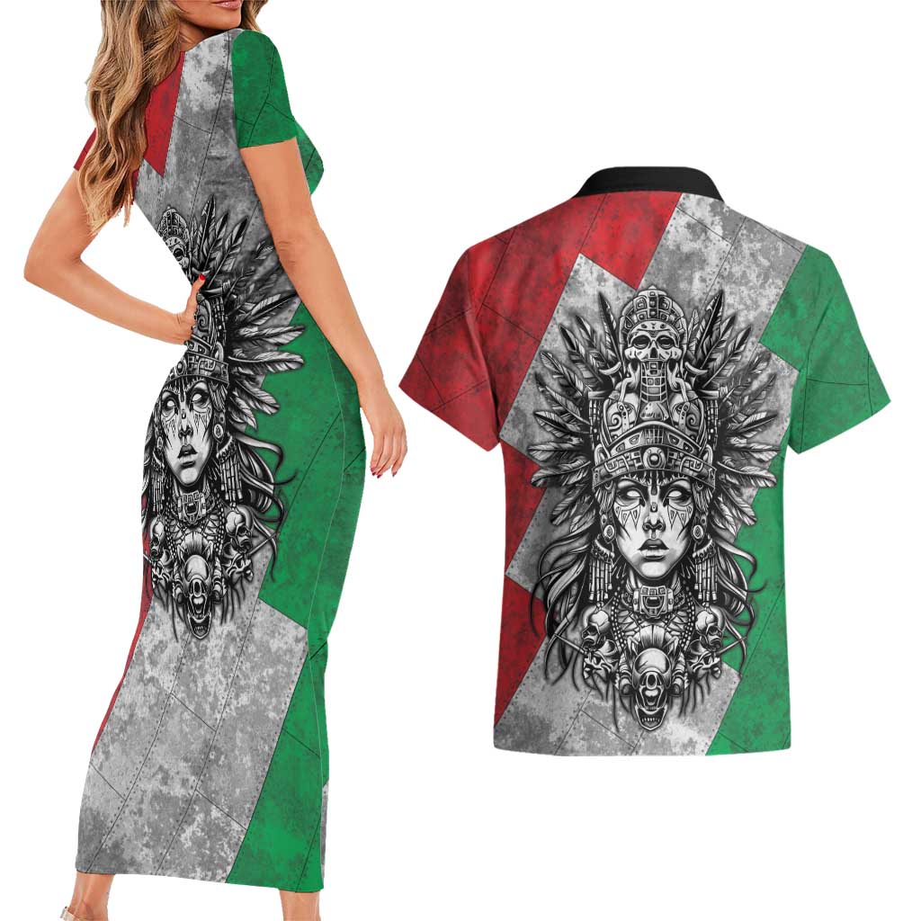 Mexico Aztec Warrior Goddess Couples Matching Short Sleeve Bodycon Dress and Hawaiian Shirt Aztec Tribal Skull Tricolor Armor
