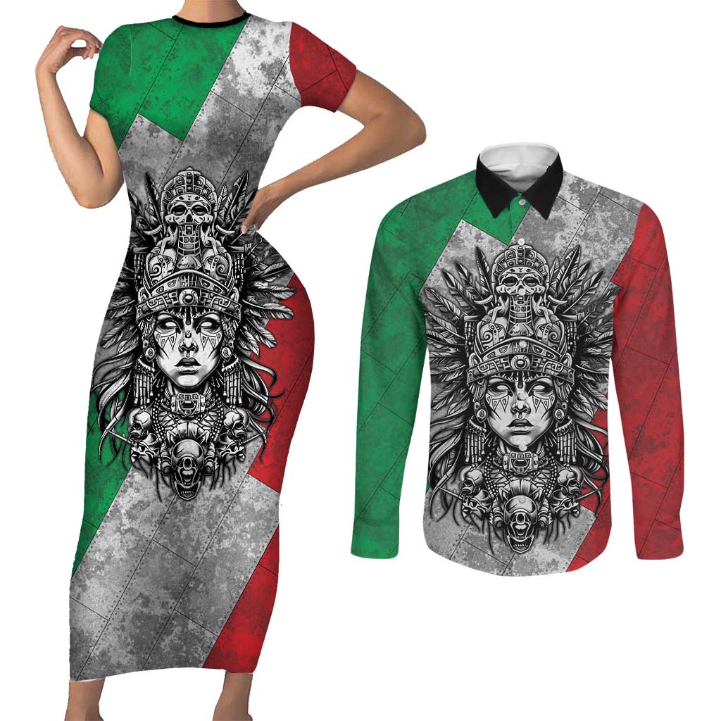 Mexico Aztec Warrior Goddess Couples Matching Short Sleeve Bodycon Dress and Long Sleeve Button Shirt Aztec Tribal Skull Tricolor Armor
