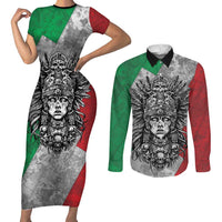 Mexico Aztec Warrior Goddess Couples Matching Short Sleeve Bodycon Dress and Long Sleeve Button Shirt Aztec Tribal Skull Tricolor Armor