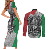 Mexico Aztec Warrior Goddess Couples Matching Short Sleeve Bodycon Dress and Long Sleeve Button Shirt Aztec Tribal Skull Tricolor Armor