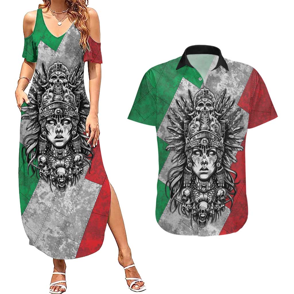 Mexico Aztec Warrior Goddess Couples Matching Summer Maxi Dress and Hawaiian Shirt Aztec Tribal Skull Tricolor Armor