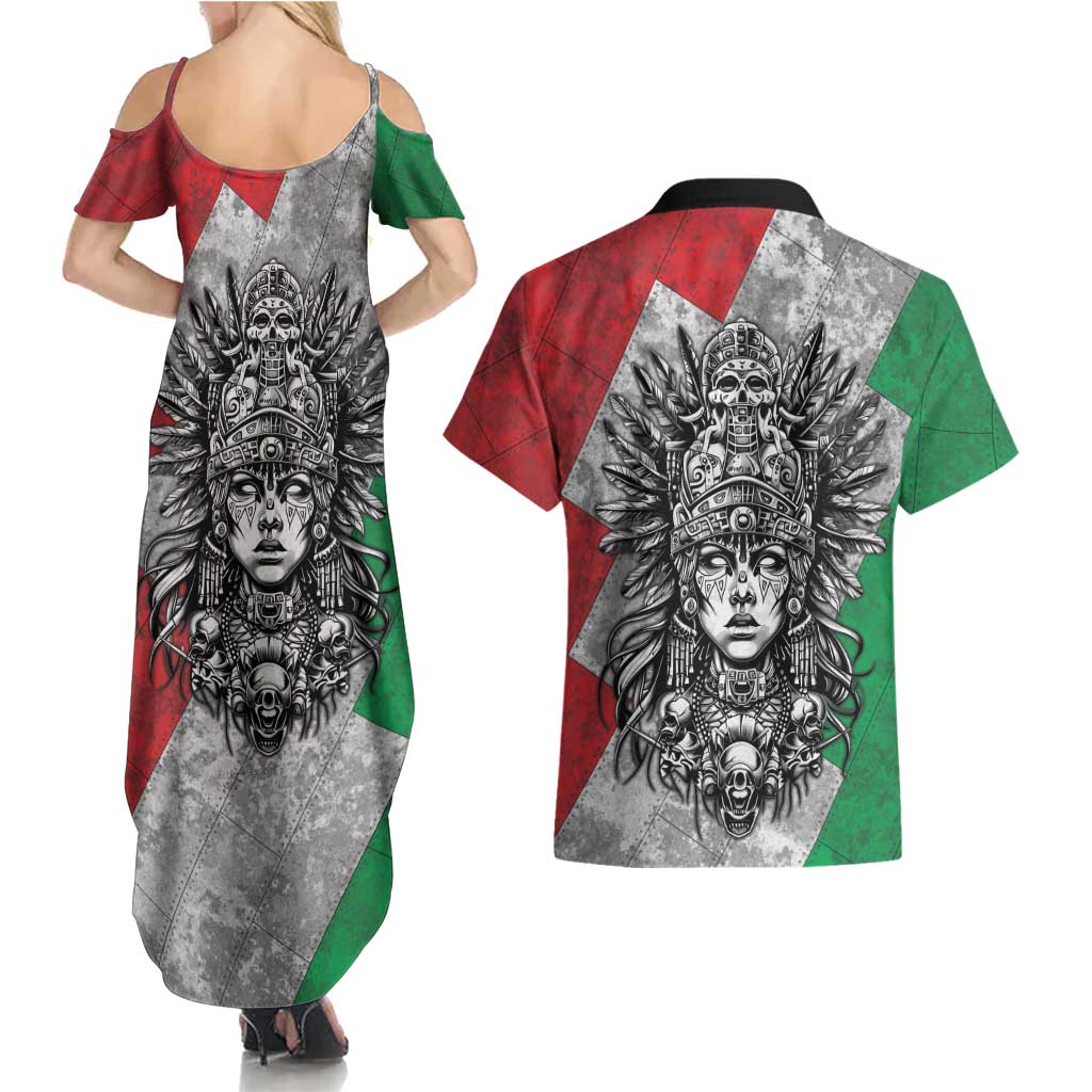 Mexico Aztec Warrior Goddess Couples Matching Summer Maxi Dress and Hawaiian Shirt Aztec Tribal Skull Tricolor Armor
