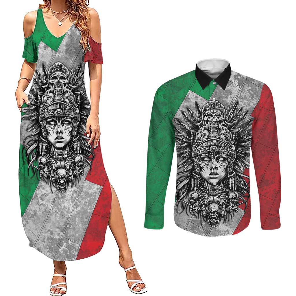 Mexico Aztec Warrior Goddess Couples Matching Summer Maxi Dress and Long Sleeve Button Shirt Aztec Tribal Skull Tricolor Armor