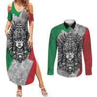 Mexico Aztec Warrior Goddess Couples Matching Summer Maxi Dress and Long Sleeve Button Shirt Aztec Tribal Skull Tricolor Armor