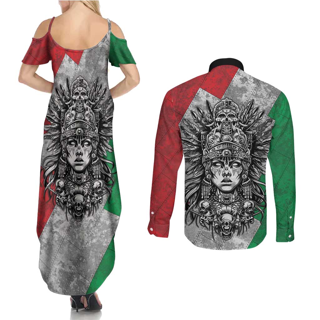 Mexico Aztec Warrior Goddess Couples Matching Summer Maxi Dress and Long Sleeve Button Shirt Aztec Tribal Skull Tricolor Armor