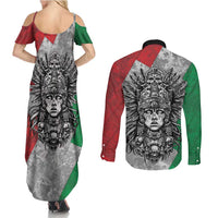 Mexico Aztec Warrior Goddess Couples Matching Summer Maxi Dress and Long Sleeve Button Shirt Aztec Tribal Skull Tricolor Armor