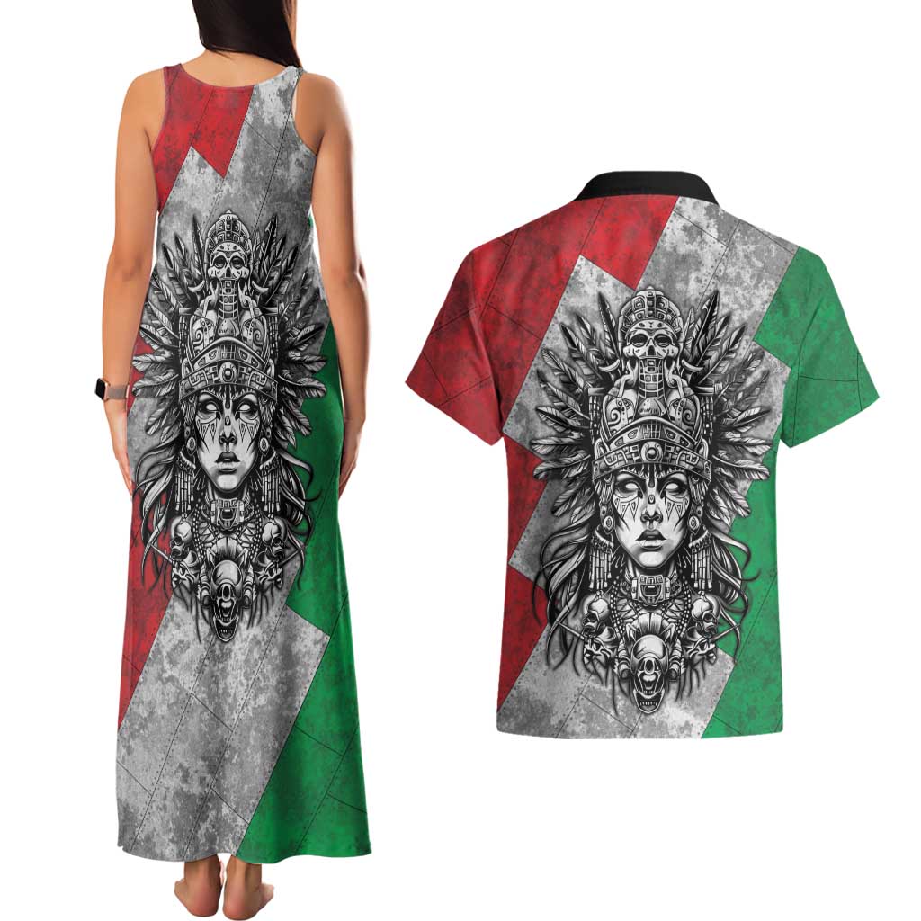 Mexico Aztec Warrior Goddess Couples Matching Tank Maxi Dress and Hawaiian Shirt Aztec Tribal Skull Tricolor Armor