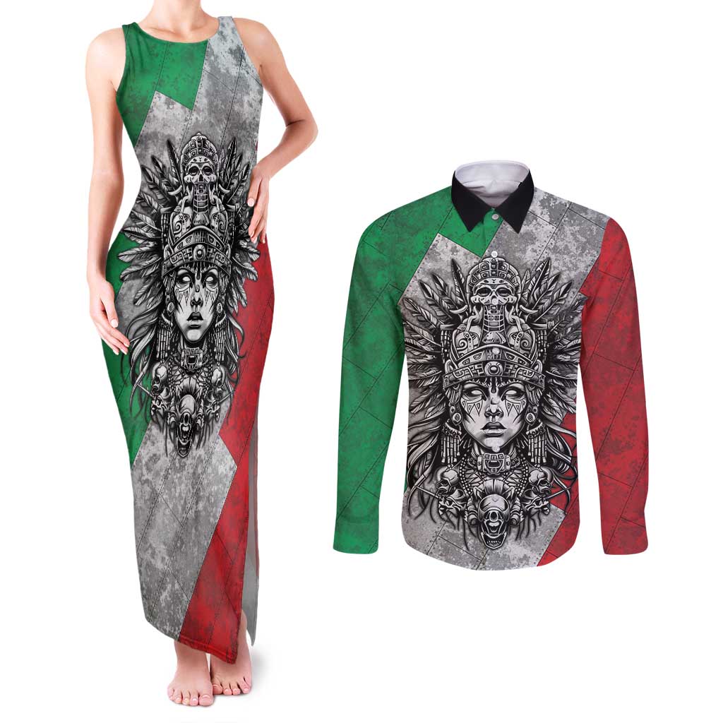 Mexico Aztec Warrior Goddess Couples Matching Tank Maxi Dress and Long Sleeve Button Shirt Aztec Tribal Skull Tricolor Armor