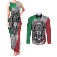 Mexico Aztec Warrior Goddess Couples Matching Tank Maxi Dress and Long Sleeve Button Shirt Aztec Tribal Skull Tricolor Armor