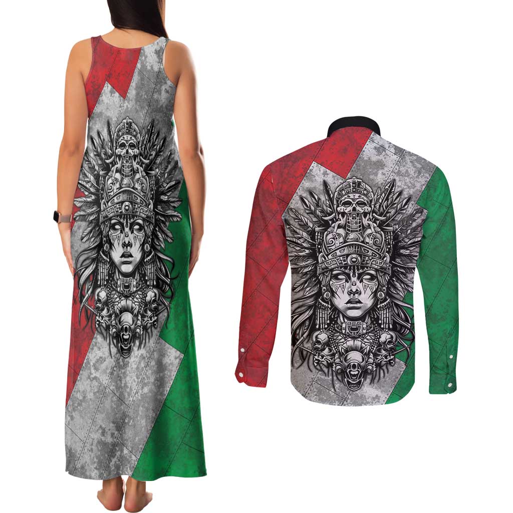 Mexico Aztec Warrior Goddess Couples Matching Tank Maxi Dress and Long Sleeve Button Shirt Aztec Tribal Skull Tricolor Armor