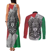 Mexico Aztec Warrior Goddess Couples Matching Tank Maxi Dress and Long Sleeve Button Shirt Aztec Tribal Skull Tricolor Armor