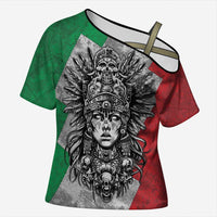 Mexico Aztec Warrior Goddess Cross Shoulder Shirt Aztec Tribal Skull Tricolor Armor