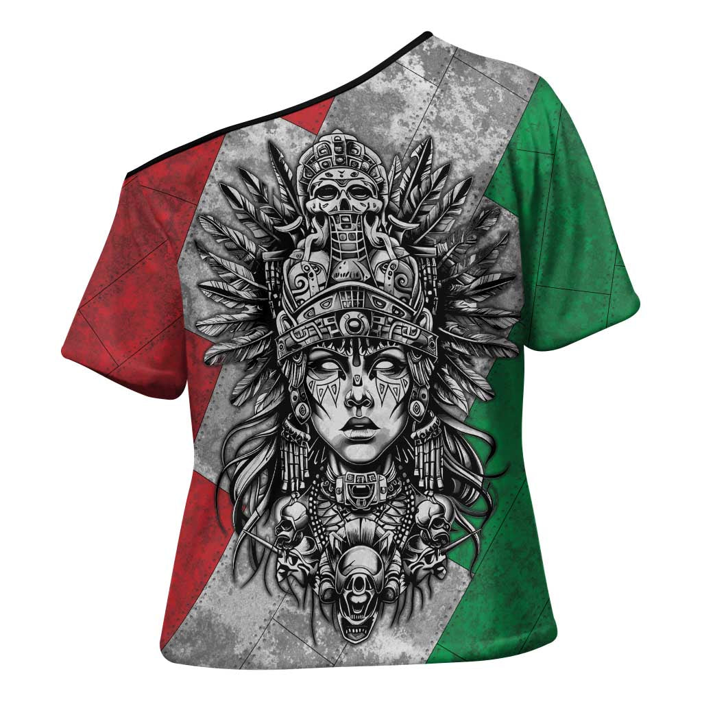 Mexico Aztec Warrior Goddess Cross Shoulder Shirt Aztec Tribal Skull Tricolor Armor