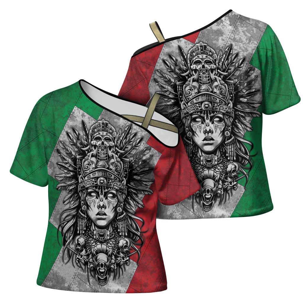 Mexico Aztec Warrior Goddess Cross Shoulder Shirt Aztec Tribal Skull Tricolor Armor