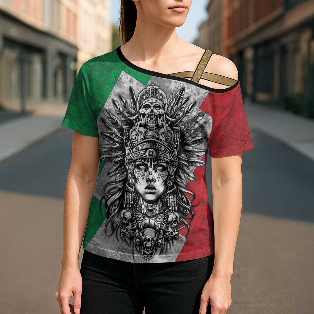 Mexico Aztec Warrior Goddess Cross Shoulder Shirt Aztec Tribal Skull Tricolor Armor
