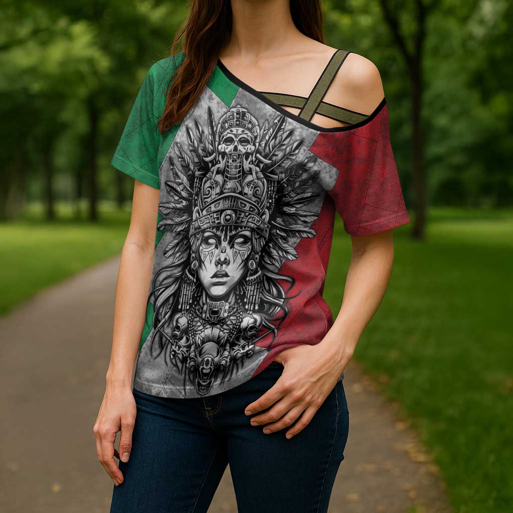Mexico Aztec Warrior Goddess Cross Shoulder Shirt Aztec Tribal Skull Tricolor Armor