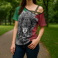 Mexico Aztec Warrior Goddess Cross Shoulder Shirt Aztec Tribal Skull Tricolor Armor