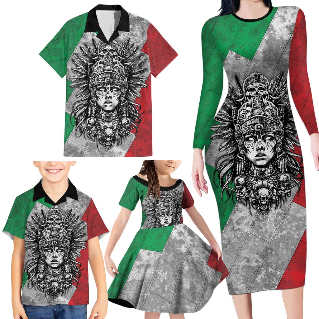 Mexico Aztec Warrior Goddess Family Matching Long Sleeve Bodycon Dress and Hawaiian Shirt Aztec Tribal Skull Tricolor Armor
