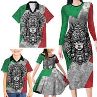Mexico Aztec Warrior Goddess Family Matching Long Sleeve Bodycon Dress and Hawaiian Shirt Aztec Tribal Skull Tricolor Armor